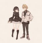  1boy 1girl alternate_costume artist_request black_hair blonde_hair blue_eyes boots full_body gloves highres kingdom_hearts kingdom_hearts_358/2_days looking_at_viewer open_mouth roxas short_hair simple_background skirt smile spiked_hair xion_(kingdom_hearts) 