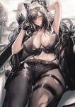 1girl animal_ears arknights arm_behind_head arm_up armpits arrow_(projectile) belt black_gloves black_jacket blush breasts cat_ears cat_girl cleavage closed_mouth commentary eyewear_on_head gloves grey_hair hair_over_one_eye highres holster jacket jacket_on_shoulders large_breasts leg_holster long_hair looking_at_viewer midriff schwarz_(arknights) single_glove solfi0211 solo sunglasses torn_clothes wet yellow_eyes 