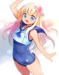  1girl :d arm_up bangs blonde_hair blue_eyes blue_one-piece_swimsuit blue_sailor_collar blush commentary_request crop_top emurin feet_out_of_frame flat_chest flower hair_flower hair_ornament highres kantai_collection long_hair looking_at_viewer one-piece_swimsuit open_mouth pink_flower ro-500_(kancolle) sailor_collar school_swimsuit shiny_skin shirt smile solo swimsuit swimsuit_under_clothes white_shirt 