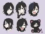  1girl black_eyes black_hair closed_eyes collar ear_piercing expression_chart fingerless_gloves gloves grey_background hair_over_one_eye highres judy_(sushi_pizza_rrr) multiple_views open_mouth original piercing short_hair simple_background smile smirk sushi_pizza_rrr teeth tongue tongue_piercing 