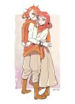  1boy 1girl alternate_costume boots bracelet brother_and_sister closed_mouth fire_emblem fire_emblem_engage hair_between_eyes hug jewelry looking_at_viewer m_s_gz orange_hair orange_scarf pandreo_(fire_emblem) panette_(fire_emblem) scarf shirt short_bangs siblings white_shirt yellow_eyes 