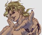  1boy backlighting black_nails blonde_hair derivative_work dio_brando ear_birthmark fingernails grey_background highres jojo_no_kimyou_na_bouken looking_at_viewer male_focus manga_panel_redraw mullet muscular muscular_male pointing pointing_at_viewer red_eyes ruushii_(lucy_steel6969) scar scar_on_neck sharp_fingernails solo stardust_crusaders stitched_neck stitches topless_male 