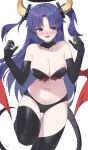  1girl absurdres alternate_costume armpit_crease artist_name averting_eyes bare_shoulders black_bra black_gloves black_panties black_thighhighs blue_archive blue_eyes blush bra breasts cleavage demon_horns demon_tail demon_wings detached_collar elbow_gloves gloves halo highres horns korean_commentary large_breasts navel nose_blush panties parted_bangs purple_hair red_pupils simple_background solo standing standing_on_one_leg stomach tail thighhighs tomid underwear white_background wings yuuka_(blue_archive) 