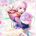  1girl abstract_background blue_eyes blue_hoodie bouquet cherry_blossoms commentary cosmos_(cos_mos_f) cowboy_shot dress english_commentary falling_petals floating_hair flower hair_tubes highres holding holding_bouquet hood hood_down hoodie kaf_(kamitsubaki_studio) kamitsubaki_studio light_blush long_sleeves looking_at_viewer looking_to_the_side low_ponytail multicolored_background multicolored_clothes multicolored_eyes multicolored_hoodie open_mouth petals pink_flower red_eyes smile solo standing virtual_youtuber white_dress yellow_pupils 