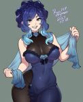  1girl agawa_ryou artist_name blue_dress blue_hair blue_lips blush bodystocking breasts covered_navel dated dress gradient_hair grin large_breasts looking_at_viewer medium_hair multicolored_hair original parted_lips purple_eyes sleeveless sleeveless_dress smile solo teeth 