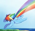  absurd_res blue_body blue_feathers cutie_mark dock equid equine eyebrows eyelashes feathered_wings feathers female feral flying friendship_is_magic grass hair hasbro hi_res hooves kaenn looking_back mammal multicolored_hair multicolored_tail my_little_pony pegasus pink_eyes plant rainbow rainbow_dash_(mlp) rainbow_hair rainbow_tail sky solo tail water wings 