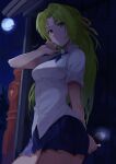  blue_ribbon blue_skirt breasts bus_stop closed_mouth cowboy_shot dress_shirt fire_hydrant frown green_eyes green_hair hair_intakes hair_ribbon highres higurashi_no_naku_koro_ni holding holding_weapon long_hair looking_at_viewer medium_breasts moon nasubin_(nasubisamurai15) neck_ribbon night outdoors pleated_skirt ribbon school_uniform shaded_face shirt short_sleeves skirt sonozaki_shion st._lucia_academy_school_uniform striped striped_ribbon taser very_long_hair weapon white_shirt yellow_ribbon 