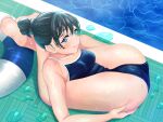  akebi-chan_no_serafuku akebi_komichi barefoot black_hair blue_eyes blue_one breasts cameltoe flexible hair_bun highres innertube legs_behind_head lips looking_at_viewer lying medium_breasts monta on_back one-piece_swimsuit pool pretzel_pose school_swimsuit shiny_skin soles swimsuit thighs tile_floor tiles wet yoga 