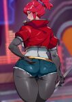  1girl ass b.sa_(bbbs) blush breasts closed_mouth cropped_jacket elbow_gloves from_behind gloves hi-fi_rush highres jacket korsica_(hi-fi_rush) looking_at_viewer looking_back pantyhose red_hair red_jacket short_shorts shorts sidelocks solo sweatdrop 