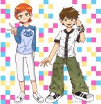  1boy 1girl artist_name ben_10 ben_tennyson brown_hair cargo_pants checkered_background clenched_hand commentary cousins danishi green_eyes green_pants gwen_tennyson highres omnitrix open_mouth orange_hair pants signature smile v v-shaped_eyebrows 