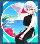  1girl angela_(project_moon) black_bow black_choker blue_hair bow breasts choker em3ang flower hat hat_bow highres large_breasts library_of_ruina o-ring pink_flower project_moon sarong short_hair sky solo summer sun_hat white_bow white_headwear yellow_eyes 