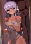  1boy 1girl :o black_ribbon blush braid breasts cleavage collarbone completely_nude cowboy_shot danganronpa:_trigger_happy_havoc danganronpa_(series) dark-skinned_male dark_skin grey_towel hair_ribbon hand_up henzu-zu highres kirigiri_kyouko large_breasts long_hair naked_towel nude open_door outline pink_eyes pink_hair ribbon shiny_skin side_braid sweat teeth towel upper_teeth_only white_outline 