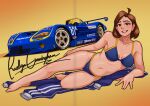  1girl 3d absurdres arhentol bikini blue_bikini blue_car blue_jacket blue_pants breasts breasts_apart brown_eyes brown_hair car character_name character_signature collarbone dodge_(company) dodge_viper fake_scan hair_behind_ear highres jacket looking_at_viewer lying lying_on_clothes medium_breasts mixed_media mole mole_on_breast motor_vehicle navel on_side original pants pants_removed parted_lips race_vehicle racecar raelyn_cunningham smile solo spoiler_(automobile) sweatpants swimsuit track_jacket yellow_background 