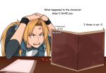  1boy aiphelix alternate_costume alternate_universe anger_vein blonde_hair edward_elric fullmetal_alchemist highres long_hair male_focus paper ponytail simple_background upper_body yellow_eyes 