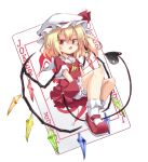  1girl alternate_costume arms_between_legs ascot blonde_hair bloomers bobby_socks card crystal dress fang flandre_scarlet full_body hair_between_eyes hat joker_(card) laevatein_(tail) mary_janes medium_hair mob_cap multicolored_wings musao one_side_up open_mouth playing_card pointy_ears red_eyes red_footwear sailor_collar sailor_dress shoes short_sleeves skin_fang socks solo tail touhou transparent_background underwear v_arms white_bloomers white_headwear white_sailor_collar wings yellow_ascot 