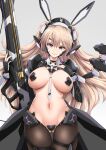  1girl akatsuki_akane ass_visible_through_thighs black_pantyhose blakc_gloves blonde_hair blush breasts closed_mouth collared_shirt commentary_request cowboy_shot gradient_background grey_background gun highres holding holding_gun holding_weapon large_breasts long_hair looking_at_viewer multicolored_hair navel original pantyhose purple_eyes purple_hair shirt simple_background smile stomach streaked_hair thigh_gap two_side_up weapon 