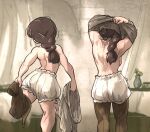  2girls back backboob bloomers braid breasts brown_hair character_request clothing_request english_commentary facing_away from_behind highres ironlily large_breasts medium_breasts multiple_girls muscular muscular_female ordo_mediare_sisters_(ironlily) shoulder_blades sideboob single_braid_sister_(ironlily) standing standing_on_one_leg sweat underwear underwear_only undressing vase 