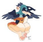  anthro avian beak bottomless butt clothed clothing feathered_wings feathers female gryphon hi_res hoodie inno-sjoa_(character) kneeling lofiflavors mythological_avian mythology pawpads rear_view simple_background solo topwear white_background wings yogoat 