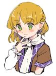  1girl \||/ arm_warmers blonde_hair blush_stickers cropped_torso green_eyes hair_behind_ear hand_up light_smile medium_hair mizuhashi_parsee pointy_ears scarf short_hair shukinuko simple_background solo touhou upper_body white_background 