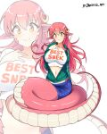  1girl absurdres blue_skirt breasts commentary_request crop_top green_jacket hand_on_own_hip highres jacket jarckius lamia large_breasts long_hair long_sleeves looking_at_viewer midriff miia_(monster_musume) miniskirt monster_girl monster_musume_no_iru_nichijou navel pencil_skirt pink_hair pointy_ears shirt simple_background skirt smile stomach very_long_hair white_background white_shirt yellow_eyes zoom_layer 