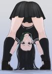  1girl bent_over black_footwear black_socks blue_background commentary_request forehead from_behind fuku_(fuku12290574) full_body gradient_background green_neckerchief grey_background grey_eyes highres kneehighs legs looking_at_viewer midriff miniskirt navel neckerchief original pleated_skirt school_uniform short_sleeves skirt socks solo thighs 