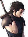  1boy antenna_hair armor black_gloves black_hair blue_eyes buster_sword closed_mouth crisis_core_final_fantasy_vii final_fantasy final_fantasy_vii final_fantasy_vii_remake gloves hand_on_own_neck highres huge_weapon looking_to_the_side maiii_(smaii_i) male_focus ribbed_sweater shoulder_armor sleeveless sleeveless_turtleneck solo spiked_hair sweater sword turtleneck turtleneck_sweater twitter_username upper_body weapon weapon_on_back white_background zack_fair 