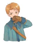  1boy brown_eyes brown_gloves brown_hair gensou_suikoden gensou_suikoden_iv gloves hand_up highres korunosabu long_sleeves male_focus short_hair shoulder_belt simple_background solo ted_(suikoden) white_background 