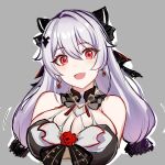  1girl :d bare_shoulders bat_hair_ornament breasts cleavage commentary dress earrings english_commentary fang flower grey_background hair_between_eyes hair_ornament highres honkai_(series) honkai_impact_3rd jewelry large_breasts long_hair looking_at_viewer luna_(honkai_impact) mini2chainz open_mouth red_eyes red_flower red_rose rose simple_background skin_fang sleeveless sleeveless_dress smile solo theresa_apocalypse theresa_apocalypse_(lunar_vow:_crimson_love) upper_body white_hair 