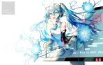  1girl :d bangs black_sleeves blue_eyes blue_hair blue_necktie collared_shirt commentary_request detached_sleeves dress_shirt english_text hair_between_eyes hatsune_miku headphones headset highres long_hair long_sleeves monitor necktie saihate_(d3) shirt simple_background sleeveless sleeveless_shirt smile solo through_screen tie_clip very_long_hair vocaloid white_background white_shirt wide_sleeves 