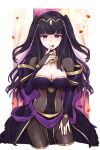  black_hair blush bodystocking breasts cleavage covered_navel dress falling_petals finger_to_mouth fingernails fire_emblem fire_emblem_awakening fire_emblem_heroes gold_trim highres jewelry light_smile long_hair looking_at_viewer medium_breasts misato_hao nail_polish navel official_alternate_costume petals purple_eyes red_nails smile tharja_(bridal)_(fire_emblem) tharja_(fire_emblem) tiara twintails wedding_dress 