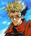  1boy blonde_hair blue_sky closed_mouth cloud cloudy_sky coat green_eyes highres inferno_(liketheinferno) looking_at_viewer male_focus mole mole_under_eye red_coat sky solo sunglasses trigun vash_the_stampede 