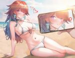  1girl 1other arm_support artist_name bare_arms bare_legs bare_shoulders battery_indicator beach bikini blue_hair blush breasts cellphone cleavage closed_mouth clothes_writing commentary earrings english_commentary evening feather_earrings feathers front-tie_bikini_top front-tie_top gradient_hair halterneck heart highres holding holding_phone hololive hololive_english jewelry large_breasts long_hair looking_at_viewer multicolored_hair navel orange_hair phone purple_eyes sand side-tie_bikini_bottom signature sk_jynx smartphone solo_focus stomach string_bikini sunset swimsuit takanashi_kiara taking_picture virtual_youtuber water white_bikini 