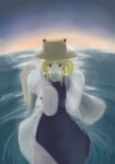  1girl absurdres animal backlighting blonde_hair hat highres holding holding_animal looking_back medium_hair mishaguji moriya_suwako ripples shinkopeishon snake solo sunlight sunrise touhou water water_world 