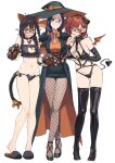  3girls 92m :3 absurdres animal_ears blush bra breasts cat_cutout cat_lingerie cat_tail cleavage_cutout clothing_cutout crossed_legs dateko demon_costume demon_horns demon_tail fake_animal_ears fake_horns fake_tail frilled_bra frills girl_sandwich glasses halloween halloween_costume hat high_heels highres horns kakita_(92m) kinshi_no_ane large_breasts legs meme_attire multiple_girls open_mouth original sandwiched tail underwear watson_cross wavy_mouth witch witch_hat 