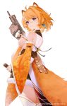  ! !! 1girl ahoge andychen animal_ear_fluff animal_ears blue_eyes breasts closed_mouth detached_sleeves floral_print gun hair_ornament highres holding holding_gun holding_weapon large_breasts long_sleeves looking_at_viewer meridian_project mole mole_under_eye orange_hair short_hair sideboob simple_background solo standing tail thighhighs virtual_youtuber weapon white_background white_thighhighs yuzumi_(meridian_project) 