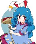  1girl animal_ears blue_dress blue_hair blush closed_mouth dress earclip holding ini_(inunabe00) kine long_hair mallet rabbit_ears red_eyes seiran_(touhou) short_sleeves solo touhou 