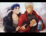  2boys archer_(fate) black_coat black_shirt blue_hair blush breath cloak coat collar collarbone cu_chulainn_(fate) english_commentary fangs fate/stay_night fate_(series) food gravesecrets grey_eyes holding holding_food holding_sandwich holding_thermos hood hooded_cloak letterboxed locked_arms long_hair long_sleeves looking_at_another male_focus multiple_boys open_mouth pectoral_cleavage pectorals pointing red_collar red_eyes sandwich shirt short_hair snow tan teeth thermos upper_teeth_only white_shirt winter yaoi 