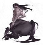  1boy ashthepenguin black_hair centaur closed_mouth commentary completely_nude facial_hair floating_hair full_body goatee grey_eyes hand_on_hip highres hooves horse_tail long_hair looking_at_viewer looking_back male_focus mature_male monster_boy nude original pointy_ears simple_background sitting sketch solo symbol-only_commentary tail tattoo taur thick_eyebrows toned toned_male white_background 
