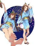  1girl animal_ears animal_print arm_up barefoot blue_background blue_eyes blue_kimono brown_hair commentary_request ear_ornament feet fish_print geta hand_fan holding holding_fan holding_shoes horse_ears horse_girl horse_tail japanese_clothes kimono long_hair long_sleeves looking_at_viewer misu_kasumi mr._c.b._(umamusume) open_mouth paper_fan shoes shoes_removed simple_background smile solo tail tracen_ondo_outfit_(umamusume) two-tone_background uchiwa umamusume white_background 