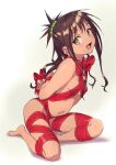  1girl absurdres arado_balanga_(xchd7538) arms_behind_back barefoot blush bound bound_arms bound_wrists bow box_tie brown_eyes brown_hair from_above full_body hair_bobbles hair_ornament highres long_hair looking_at_viewer looking_to_the_side naked_ribbon navel open_mouth red_bow red_ribbon restrained ribbon shadow simple_background sitting solo to_love-ru to_love-ru_darkness topknot white_background yuuki_mikan 