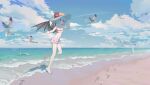  2girls absurdres bat_wings beach bikini bird blue_hair blue_sky breasts cloud flandre_scarlet hat highres horizon jewelry multiple_girls ocean pendant pink_bikini red_eyes remilia_scarlet seagull short_hair sideboob sky small_breasts straw_hat swimsuit touhou wings youpofen 