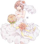  1girl bad_anatomy bad_perspective blush bouquet brown_hair collarbone dress flower foreshortening grey_eyes hair_between_eyes holding holding_bouquet kantai_collection kukimaru open_mouth orange_flower short_hair signature simple_background smile solo teruzuki_(kancolle) wedding_dress white_background white_dress white_flower yellow_flower 