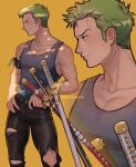  1boy breasts dappled_sunlight earrings florsdelluna green_hair grey_tank_top hand_on_own_hip highres jewelry leather leather_pants looking_to_the_side male_focus multiple_views one_piece pants pectoral_cleavage pectorals profile roronoa_zoro sheath sheathed short_hair sideboob sideburns smile sunlight sword tank_top tight_clothes tight_pants toned toned_male torn_clothes torn_pants triple_wielding weapon yellow_background 