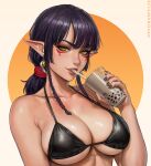  1girl bare_shoulders bikini black_bikini black_hair blunt_bangs braid breasts bubble_tea cleavage collarbone commentary covered_nipples drink drinking_straw earrings english_commentary facepaint fangs food jewelry lips long_hair nail_polish nose original paid_reward_available pointy_ears ponytail sciamano240 seductive_smile smile solo swimsuit upper_body valerie_(sciamano240) vampire yellow_eyes 