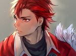  1boy diamant_(fire_emblem) fire_emblem fire_emblem_engage fur_trim furrowed_brow looking_to_the_side male_focus portrait red_eyes red_hair shirt short_hair simple_background solo t_misaomaru 