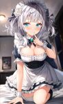  1girl absurdres apron aqua_eyes black_socks blurry blurry_background blush breasts character_request commentary_request copyright_request flower gem green_gemstone grey_ribbon hair_flower hair_ornament highres indoors large_breasts long_hair looking_at_viewer maid_apron maid_headdress on_one_knee original rumiko_(rmeco) socks solo thighhighs white_apron white_hair white_thighhighs 