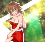  1girl bare_shoulders breasts bright_pupils brown_eyes brown_hair christmas cleavage commentary_request feet_out_of_frame fur-trimmed_tube_top fur_trim gradient_eyes hair_between_eyes head_tilt light_blush looking_at_viewer medium_breasts medium_hair messy_hair misaka_worst multicolored_eyes pink_scarf red_skirt red_tube_top scarf shin_(highest1192) skirt slit_pupils smile snowflakes solo sozaiyamimi strapless toaru_majutsu_no_index tongue tongue_out tube_top white_wristband yellow_eyes 