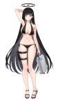  1girl absurdres arm_behind_head arm_up armpits bikini black_bikini black_hair blue_archive breasts briefcase cleavage closed_mouth expressionless full_body halo highres holding holding_briefcase holster large_breasts long_hair navel red_eyes rio_(blue_archive) rity sandals side-tie_bikini_bottom simple_background solo stomach swimsuit thigh_holster very_long_hair white_background 