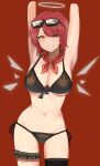  1girl 360_(taiyo360) absurdres arknights armpits arms_up bikini black_bikini black_thighhighs cowboy_shot exusiai_(arknights) grin halo highres looking_at_viewer navel one_eye_closed orange_eyes red_background red_hair short_hair simple_background single_thighhigh smile solo standing stomach swimsuit thighhighs thighs 