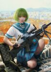  1girl ammunition black_footwear black_gloves blue_ribbon blue_sailor_collar blue_skirt bob_cut city copyright_name day fantasy_north fingerless_gloves gloves green_eyes green_hair gun hair_ornament hairclip highres holding holding_gun holding_weapon lipstick lulu_beliville makeup mario_wibisono on_roof outdoors plaid plaid_skirt ribbon sailor_collar school_uniform serafuku shell_casing short_hair short_sleeves skirt solo squatting thigh_strap weapon weapon_case weapon_request 